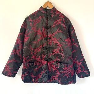 Black & Red Satin Asian Brocade Jacket with Red Blossom Embroidery